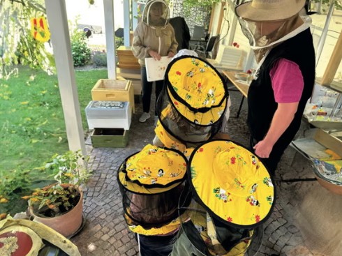 Kinder in Bienenanzügen bei einem Besuch der Imkerei